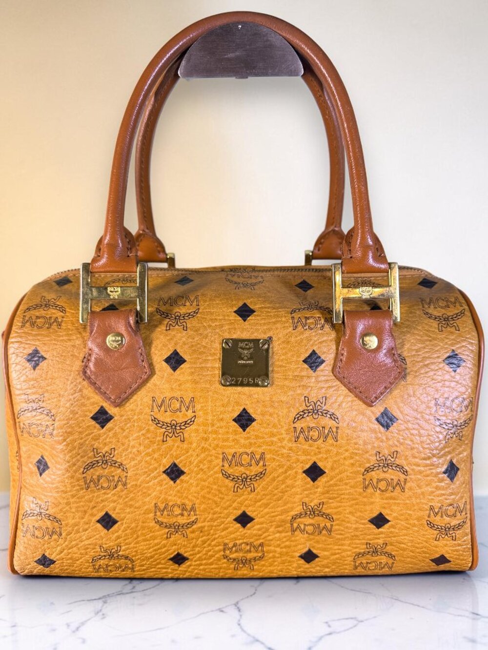 MCM Vintage Visetos Cognac Coated Canvas Boston Satchel Handbag with COA